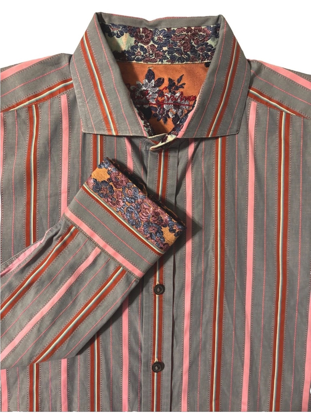 Robert Graham Men’s Striped Long Sleeve Button Down Size XL Gray/Pink/Red EUC